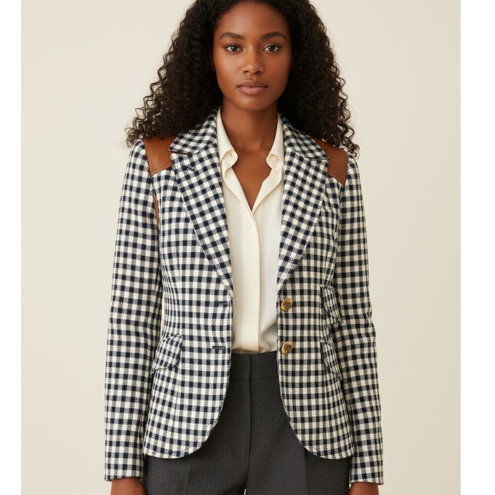 SMYTHE Gingham Rifle Patch Equestrian Blazer Navy White Leather Trim Size 8